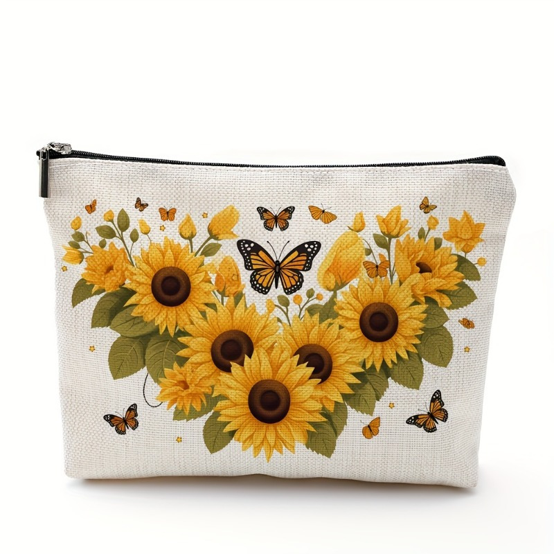 Women Bags Zip - A Sunflower and butterfly makeup bag