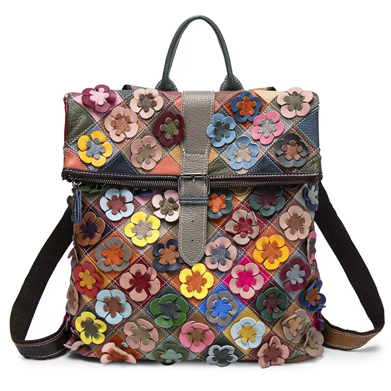 Women Bags Leather - Vintage Women Genuine Leather Backpack Flower