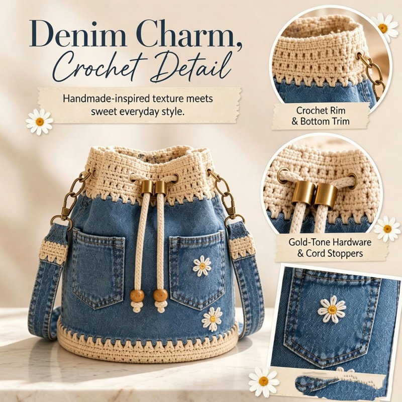 Crochet Market Bag - Denim Crochet Bucket Bag Handmade Crochet