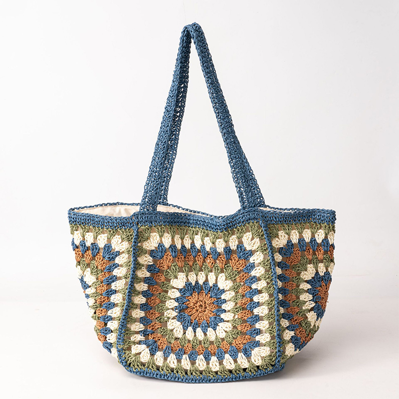 Crochet Market Bag - Granny Square Straw Shoulder Bag,Boho Ethnic