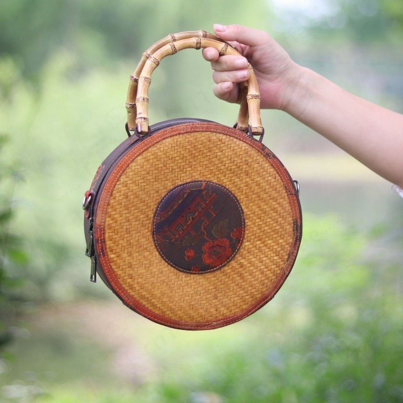 Women'S Crossbody Bags - Round Bamboo Woven Xiangyun Fabric Crossbody