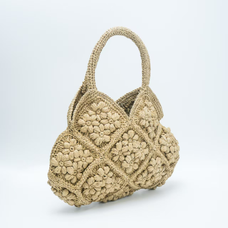 Crochet Market Bag - 3D Floral Grass Straw Woven Bag