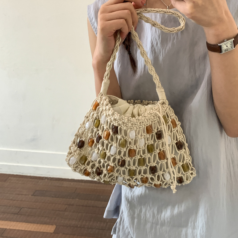 Crochet Market Bag - Hollow Beading Women Shoulder Bag Rope